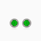Silver stud earrings with round synthetic emerald