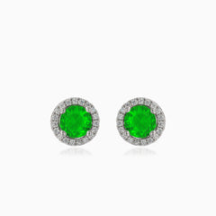 Silver stud earrings with round synthetic emerald