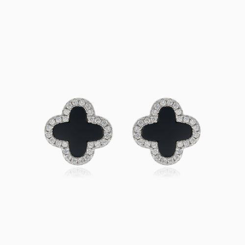 Silberne Vierblatt-Klee-Ohrringe mit Onyx