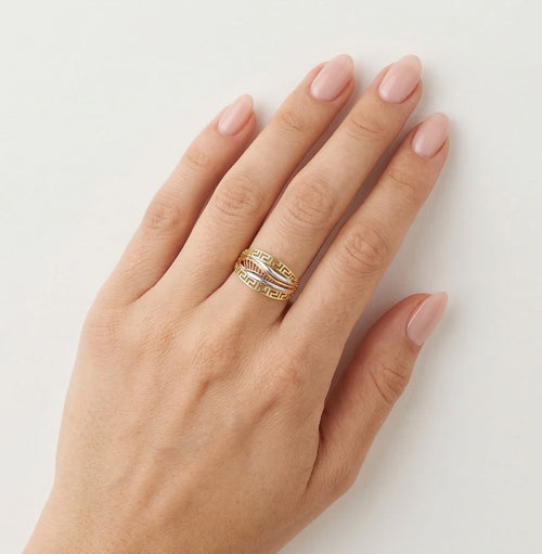 Griechischer Schlüssel Tri-Gold-Ring