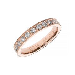 Široký snubní prsten z růžového zlata se zasazenými hroty a kameny