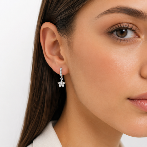 Sterling Silver Zircon Star Dangle Earrings