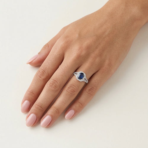 Unique white gold diamond ring with sapphire