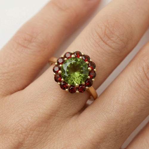 Prsten s vltavínem a granáty v designu květiny