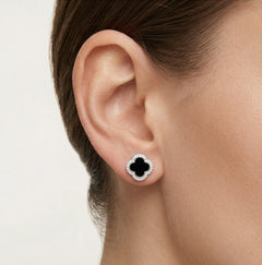 Halo sterling silver clover onyx stud earrings