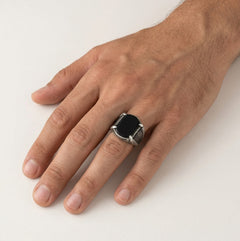 Cushion cut onyx men ring viking style