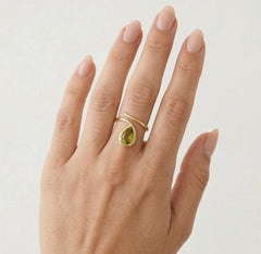 14kt gold pear cut moldavite ring