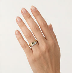 Wide matte white and polished yellow gold wedding ring
