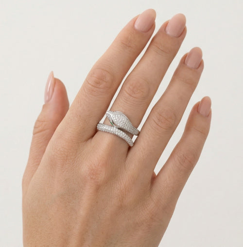 Damenring aus Silber mit Zirkonia und synthetischem Smaragd im Schlangendesign