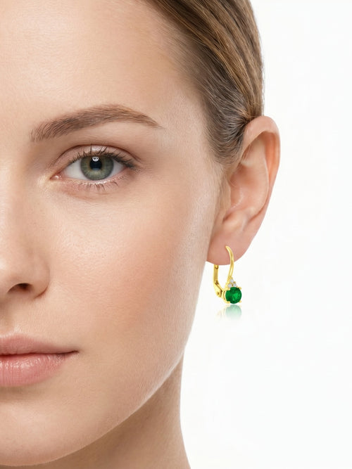 Gold earrings with synthetic emerald and cubic zirconia