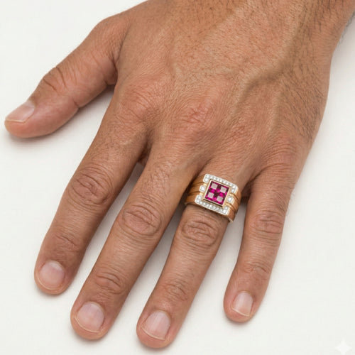 Zlatý rubínový a diamantový pánský prsten