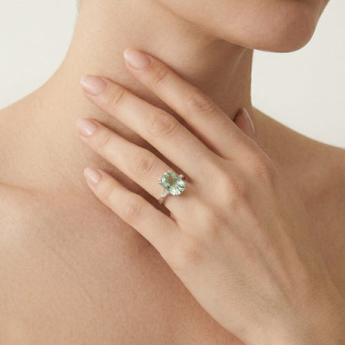 Sterling silver ring with emerald cut green amethyst
