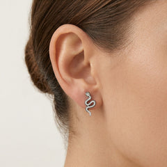 Silver snake earrings with transparent and black cubic zirconia