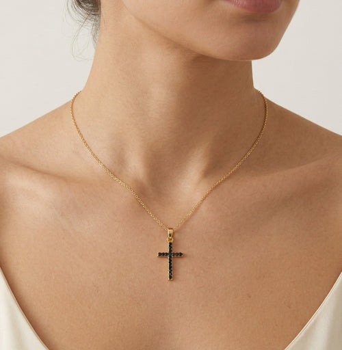 Goldkreuz mit Zirkonia und Onyx