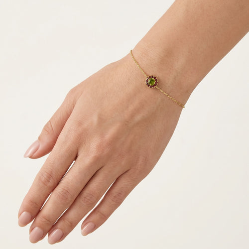 Harmony-Armband in Gelbgold mit Moldavit und Granat