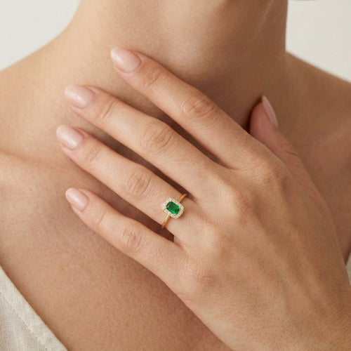 Rectangle green quartz halo ring