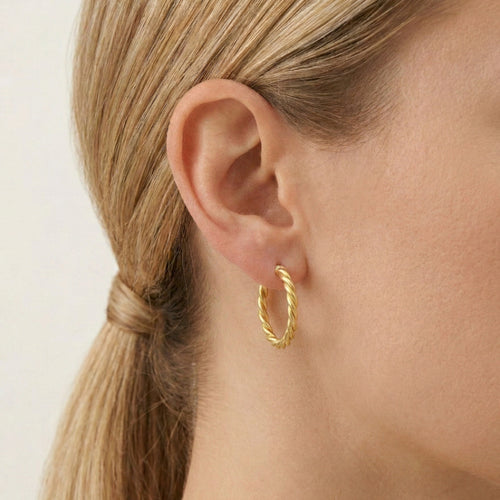Yellow gold twisted round hoop earrings