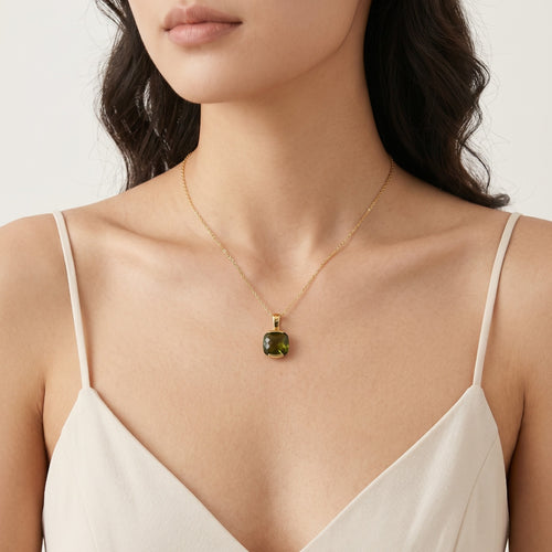 Golden Radiance in Yellow Gold with Cushion Cut Moldavite