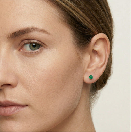 Silver small stud earrings with synthetic emerald