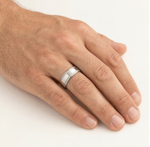 High polished white gold wedding ring with multiple lines