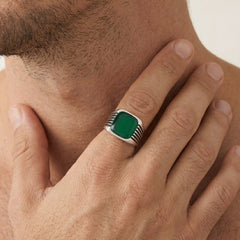 Silver bold ring with cushion jade