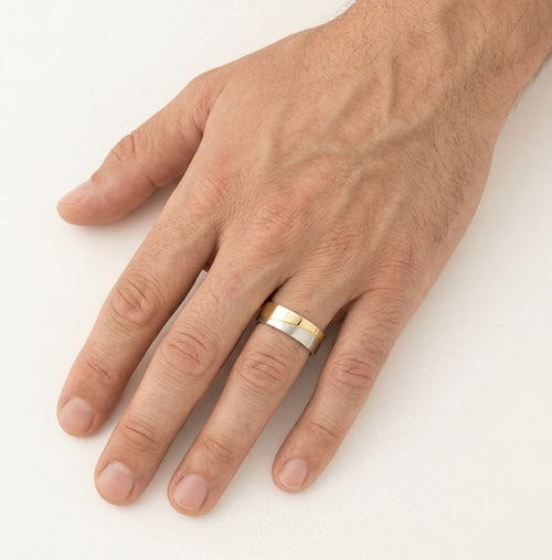 Wide matte white and polished yellow gold wedding ring