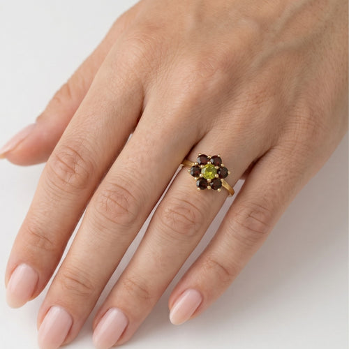Granat- und Moldavit-Blumen-Design-Ring