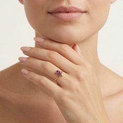 Pear-cut purple amethyst cubic zirconia yellow gold ring
