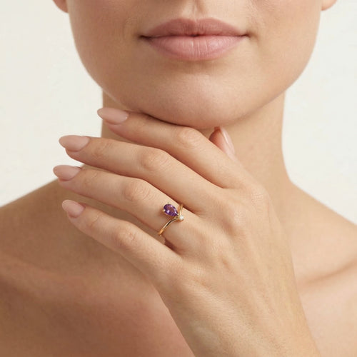 Pear-cut purple amethyst cubic zirconia yellow gold ring