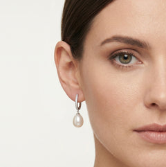 White gold diamond and pearl dangling earrings