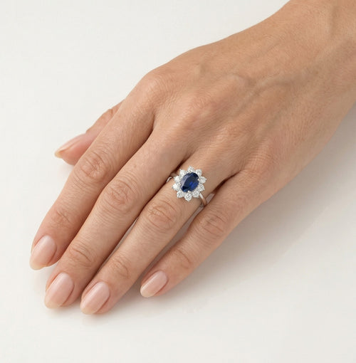Royal flower white gold diamond and blue sapphire ring