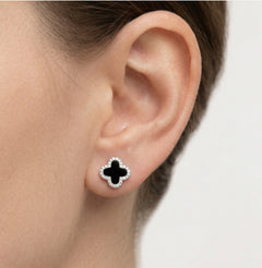 Silver four-leaf clover earrings with onyx