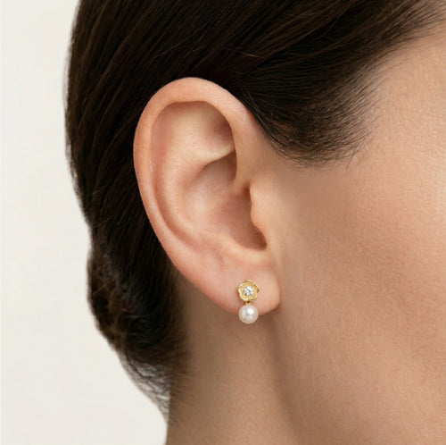 Gold Flower with Cubic Zirconia and Pearl Baby Drop Earrings