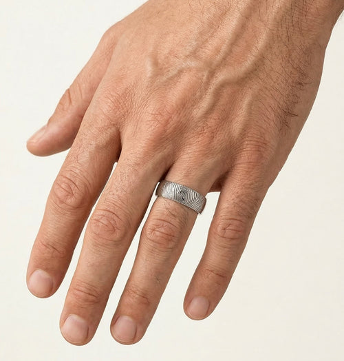 White gold wedding ring with fingerprint engraving