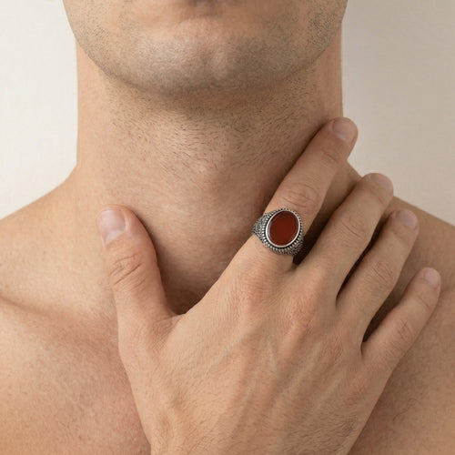 Silver agate oval men ring