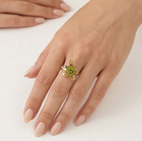 Eleganter 14kt Gold-Blumenring mit Quarz und Granat