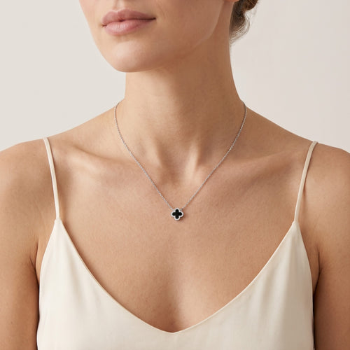 Sterling-Silber Halskette mit Onyx-Kleeblatt