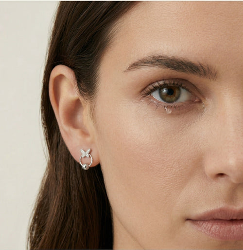 Silver butterfly earrings with ring