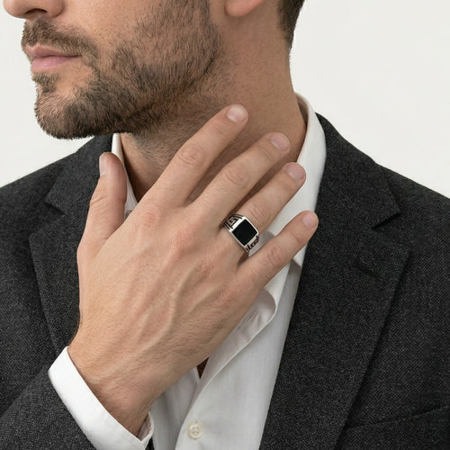 Silver square enamel men ring