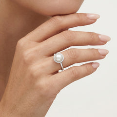 Sterling silver pearl halo ring