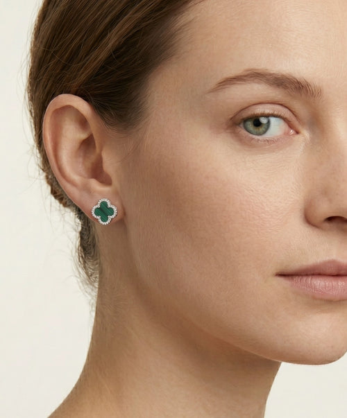 Sterling silver clover green agate drop earrings