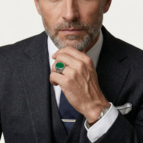 Silver bold men ring with oval jade