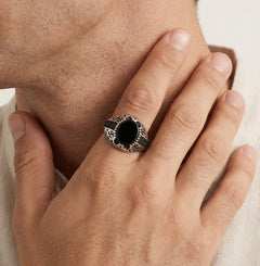 Oval onyx silver men ring with round luster side stones