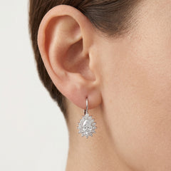 Halo pear and round cut cubic zirconia on sterling silver drop earrings