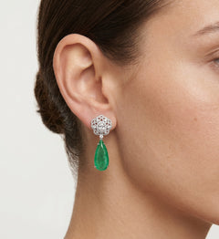 Earrings with synthetic emerald and cubic zirconia flower