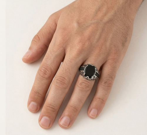 Oval onyx silver men ring with round luster side stones