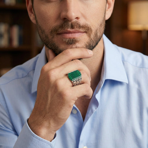 Silver bold ring with radiant jade