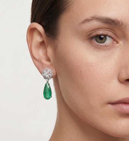 Earrings with synthetic emerald and cubic zirconia flower
