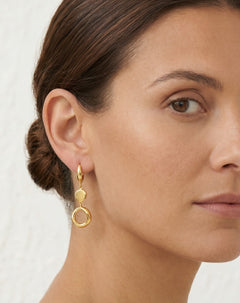 Gold dangling earrings with a circle and a coin