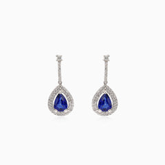 Diamond gold dangle puzette earrings with sapphire